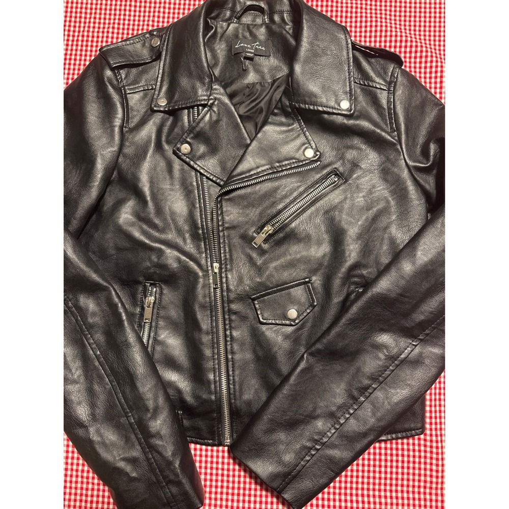 Love‎ Tree Black Faux Leather Moto Jacket Women's Size Large Zip Up Biker Style